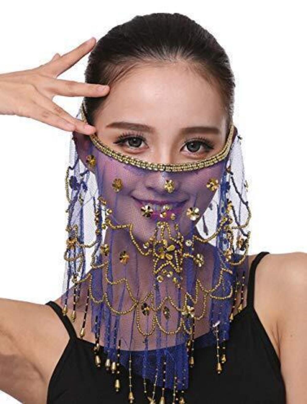 2696 Belly Dance Face Veil with Beads Sequins Halloween Genie Costume